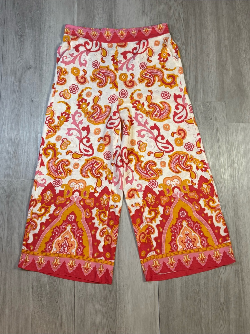 Haute Hippie Wide Leg Boho Pants Linen Blend Festival Beach Coral White Pink L.